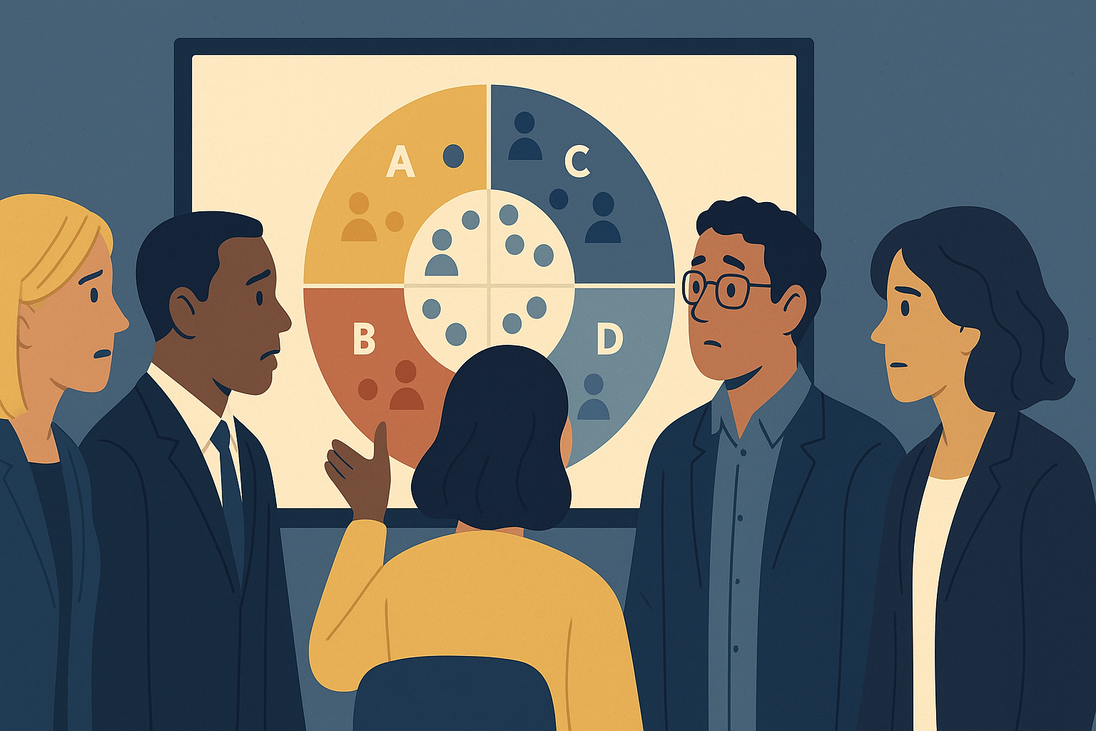 A flat-style digital illustration of five diverse business professionals gathered around a glowing team map on a large screen. The map is divided into four quadrants, each labeled and dotted with profile icons representing team members. The leaders appear engaged, thoughtful, and surprised, indicating they are discovering hidden misalignment. The setting is a calm, modern meeting space with blue-gray tones and soft golden lighting.