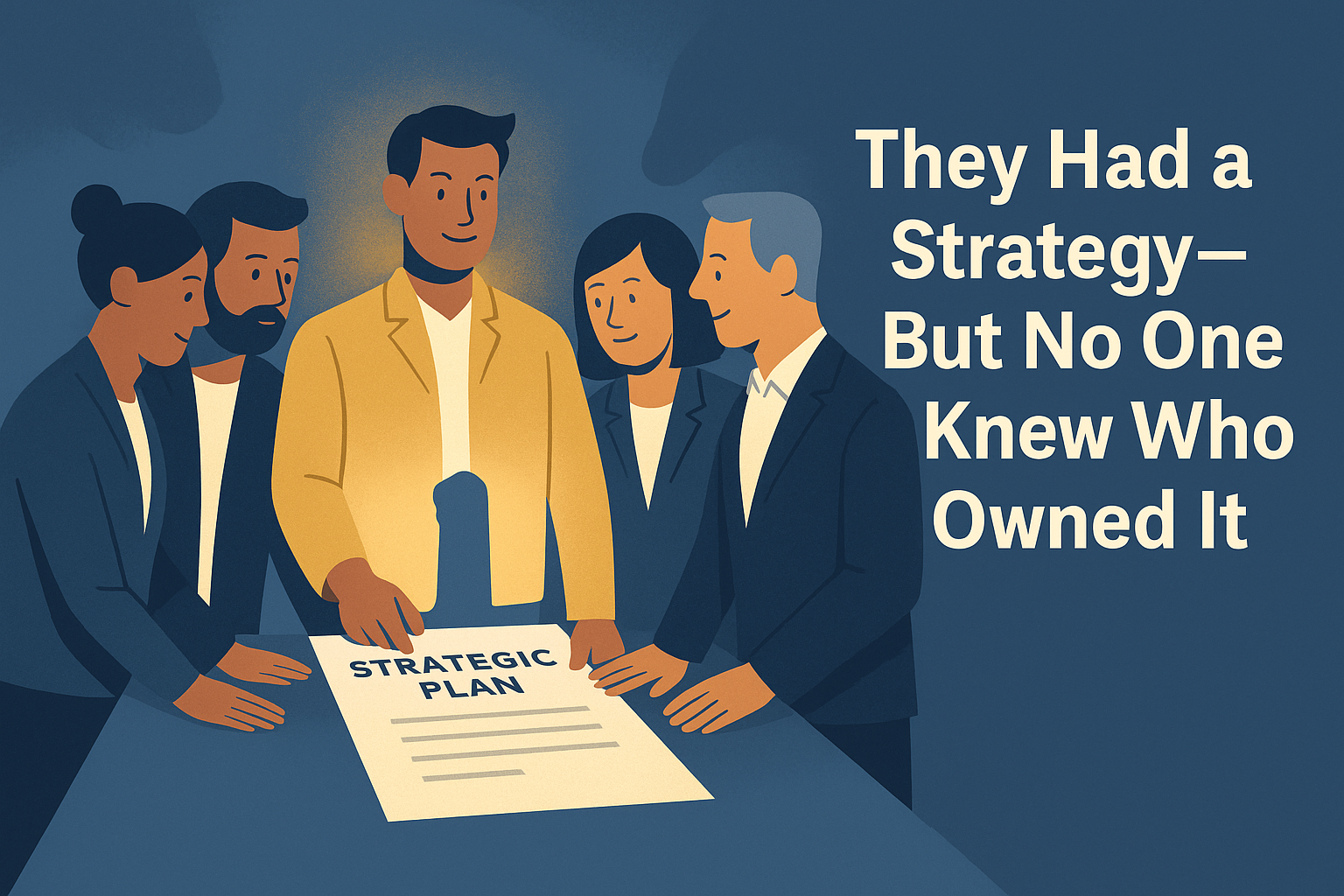 A flat-style digital illustration shows five business leaders gathered around a document labeled “Strategic Plan” on a table. Each person has a hand near the plan, but one leader in the center confidently steps forward, taking full ownership of the document. A soft golden glow highlights this leader, symbolizing clarified strategic ownership. The background is a muted navy blue, with warm lighting emphasizing focus and leadership clarity.