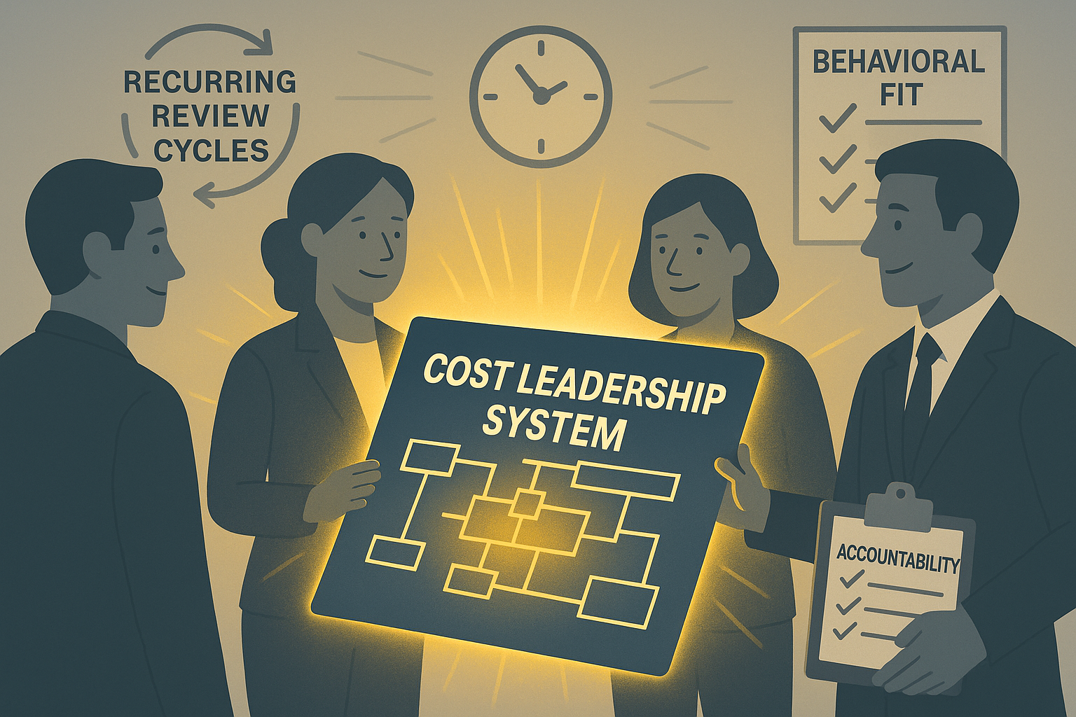 Flat-style digital illustration depicting a confident business leadership team reviewing a glowing blueprint titled “Cost Leadership System.” Surrounding them are icons representing structure and sustainability: a recurring calendar, checklist labeled “Behavioral Fit,” accountability clipboards, and directional arrows implying rhythm. The scene conveys long-term cost discipline, maturity, and strategic clarity. Color palette includes slate blue, off-white, and gold tones.