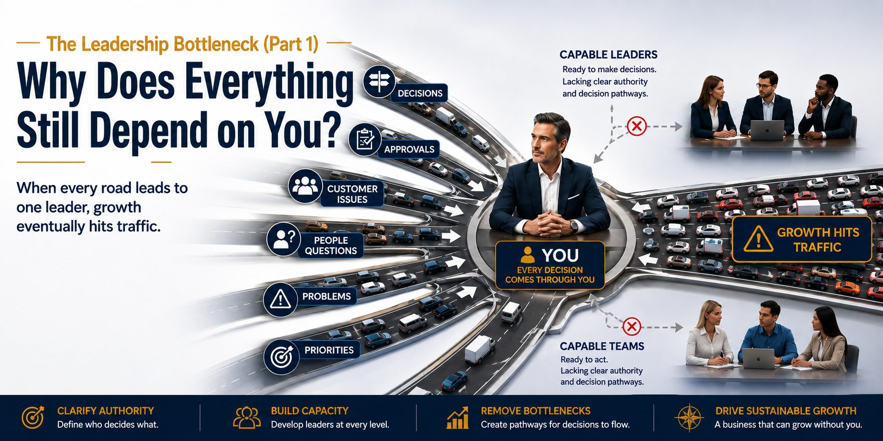 Business leader at the center of decisions, approvals, questions, and problems, illustrating how leadership dependency can constrain organizational growth.
