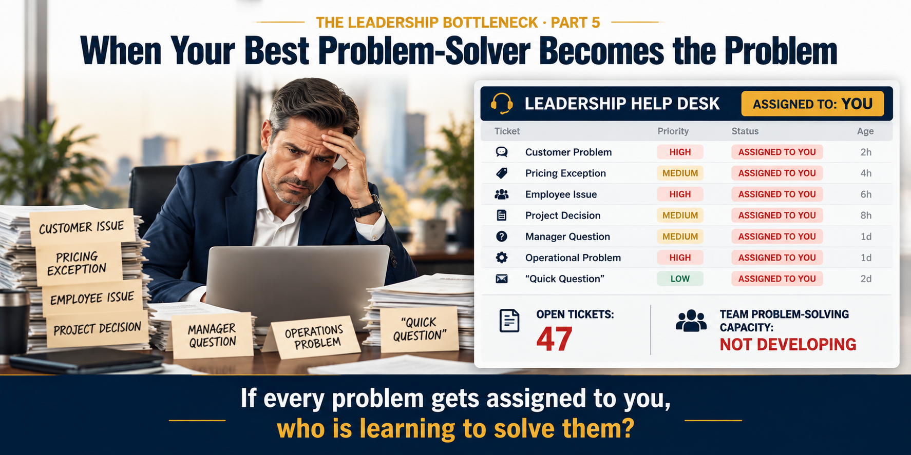 Executive overwhelmed by problems routed to one person while capable managers wait, illustrating how problem-solving dependency creates a leadership bottleneck.