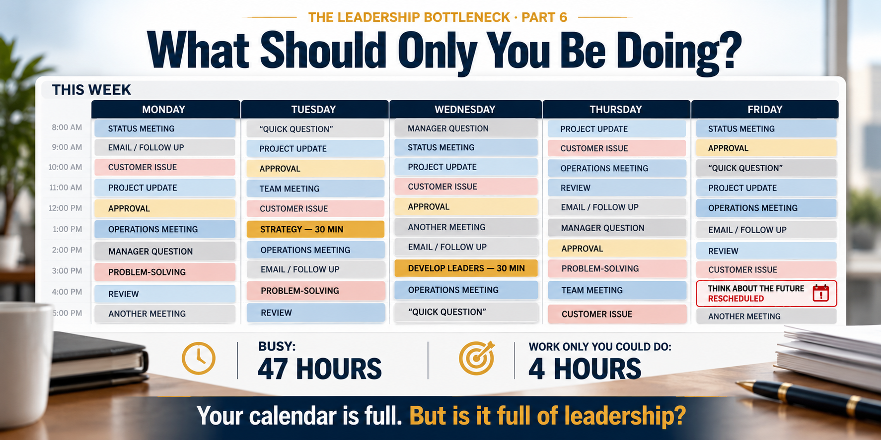 Executive calendar showing routine operational work crowding out strategy, leadership development, major decisions, and other high-value leadership responsibilities.
