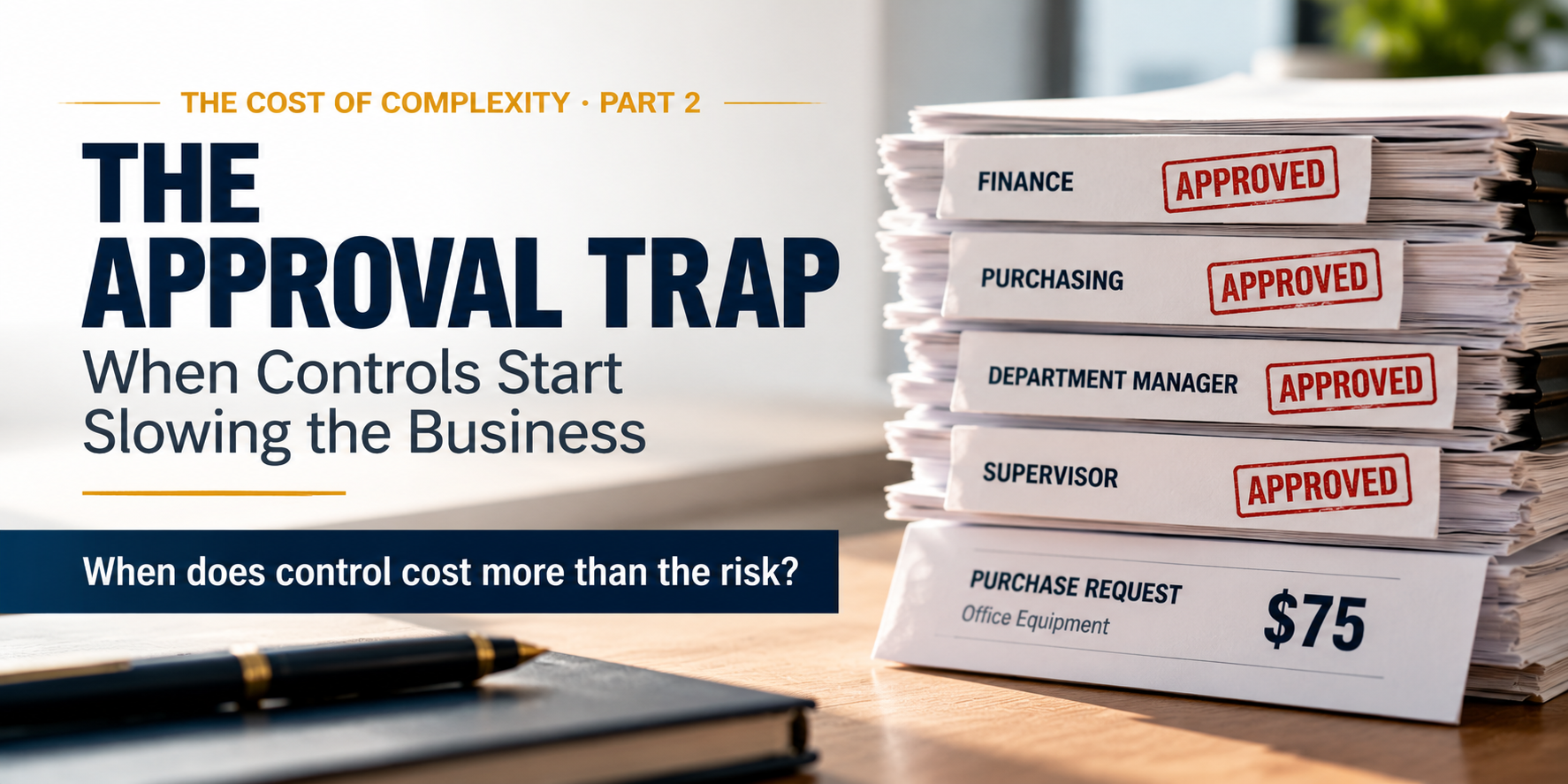 A simple business request buried beneath layers of approval stamps, illustrating how excessive approvals slow decisions and increase organizational complexity.